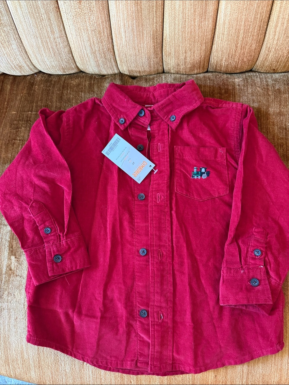 Gymboree Red Corduroy Button-Down Shirt with Train Pocket Embroidery